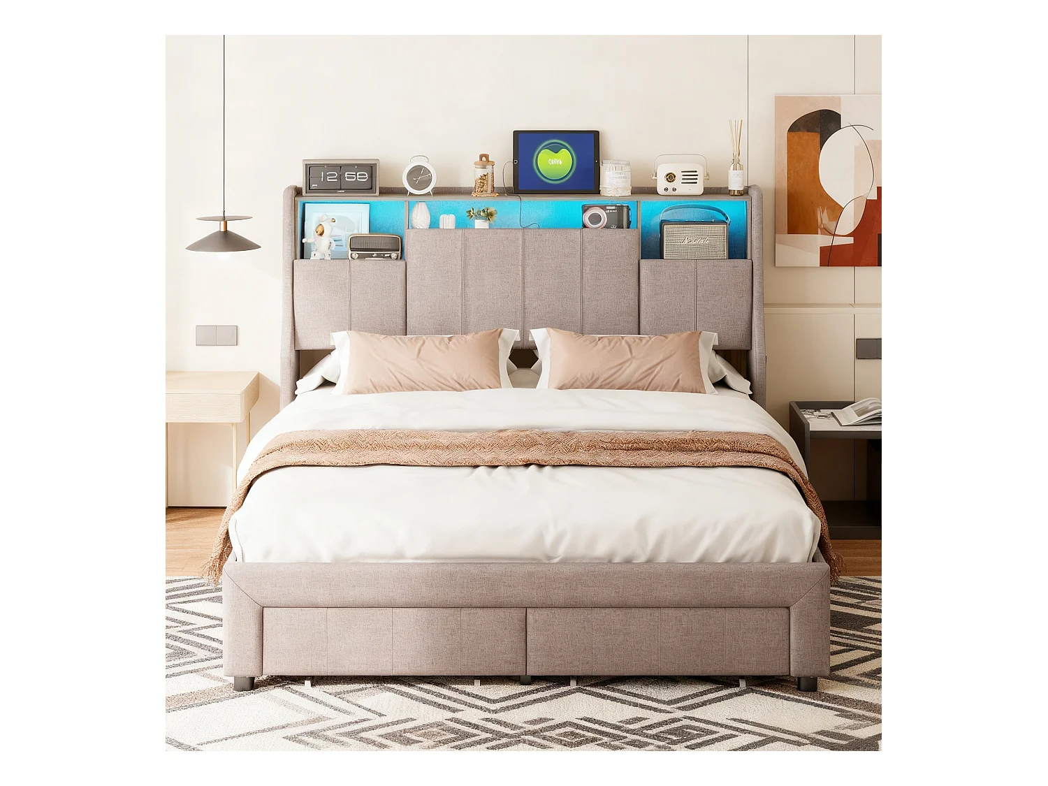 Lit double 160x200 cm avec sommier à lattes - NEXU - LED - USB - lit adulte 160x200 cm tissu en lin - cadre de lit tiroir 160x200 cm - gris