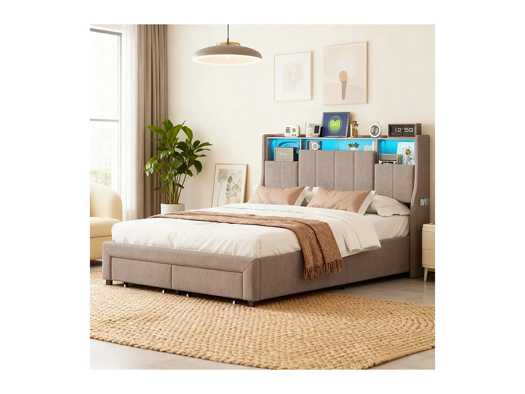 Lit double 160x200 cm avec sommier à lattes - NEXU - LED - USB - lit adulte 160x200 cm tissu en lin - cadre de lit tiroir 160x200 cm - gris