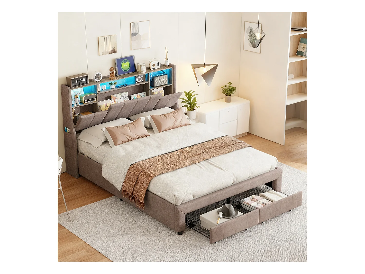 Lit double 160x200 cm avec sommier à lattes - NEXU - LED - USB - lit adulte 160x200 cm tissu en lin - cadre de lit tiroir 160x200 cm - gris