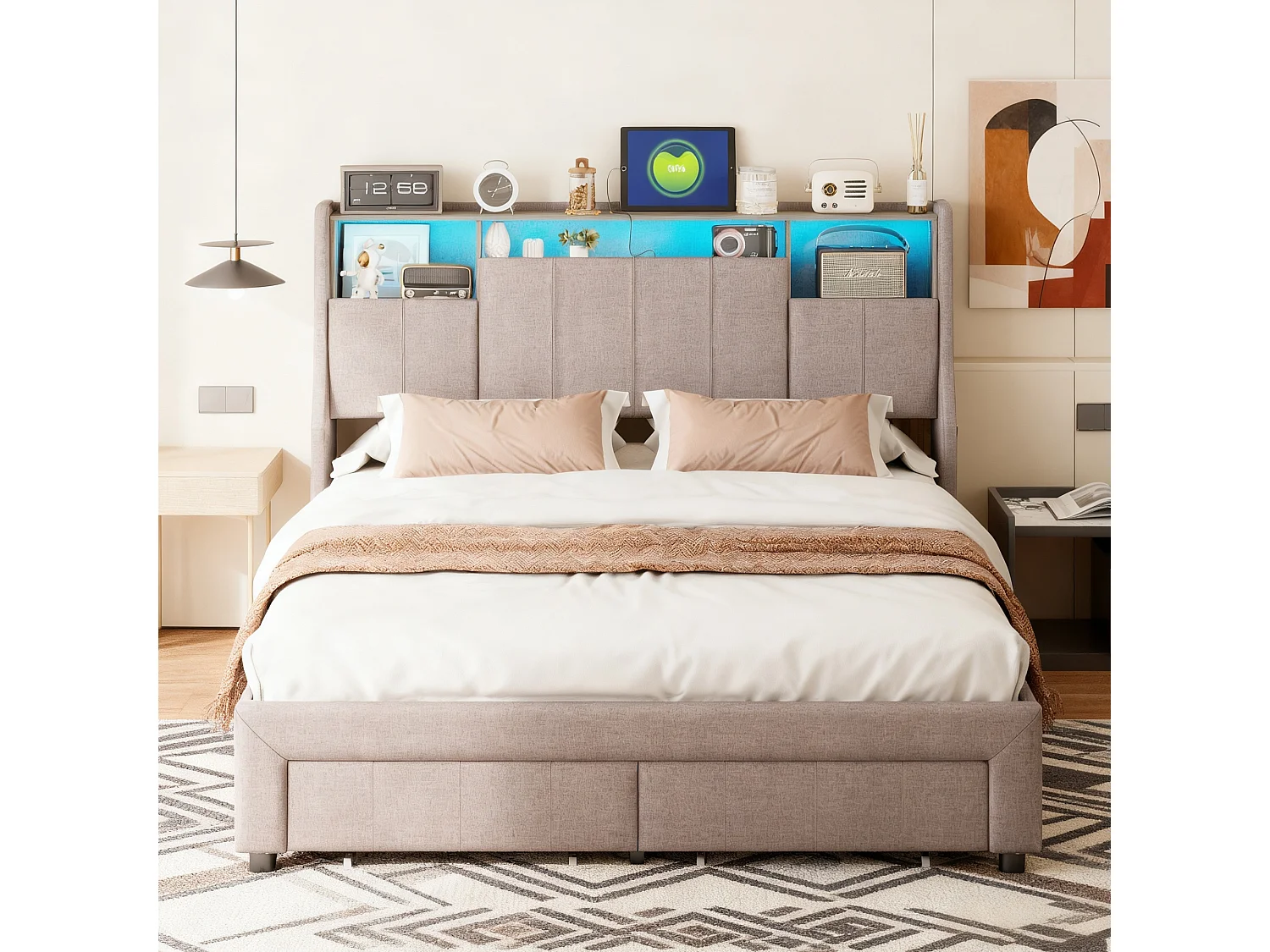 Lit double 160x200 cm avec sommier à lattes - NEXU - LED - USB - lit adulte 160x200 cm tissu en lin - cadre de lit tiroir 160x200 cm - gris