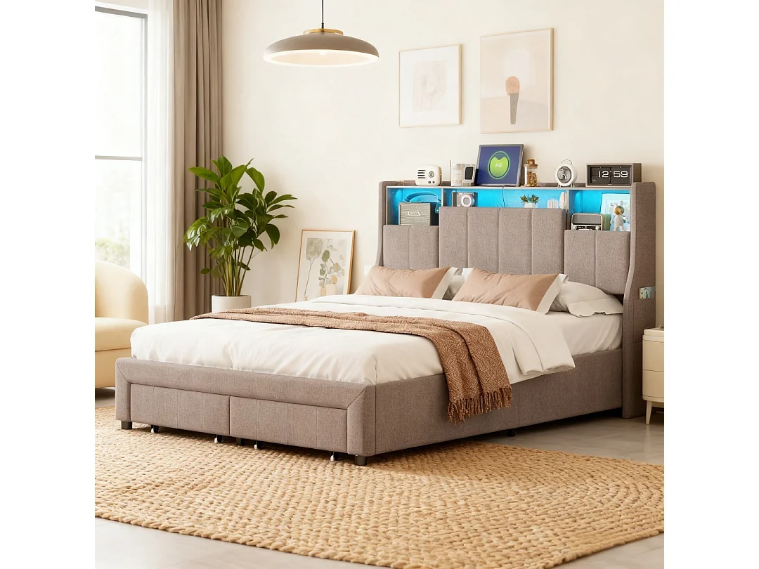 Lit double 160x200 cm avec sommier à lattes - NEXU - LED - USB - lit adulte 160x200 cm tissu en lin - cadre de lit tiroir 160x200 cm - gris