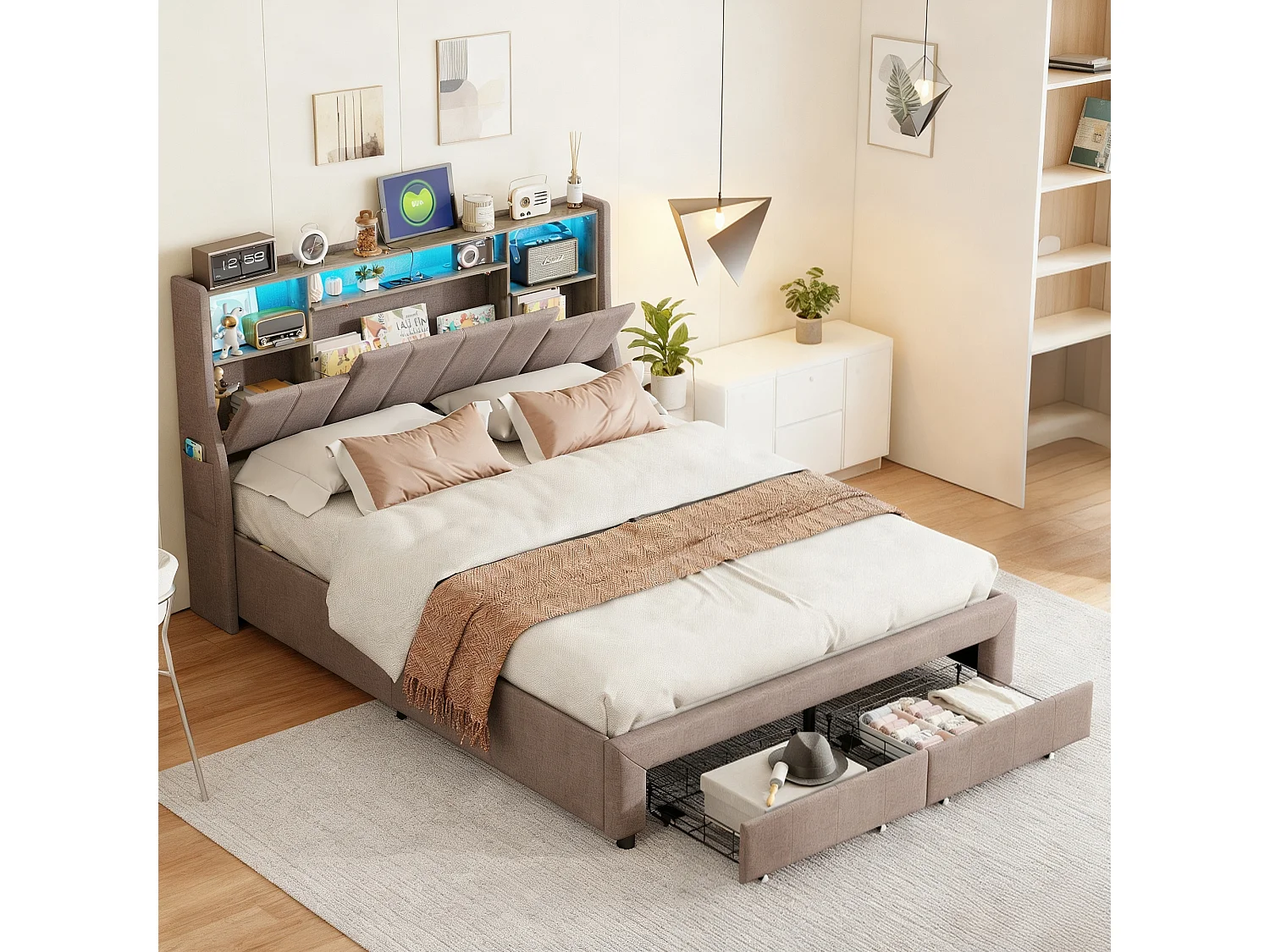 Lit double 160x200 cm avec sommier à lattes - NEXU - LED - USB - lit adulte 160x200 cm tissu en lin - cadre de lit tiroir 160x200 cm - gris