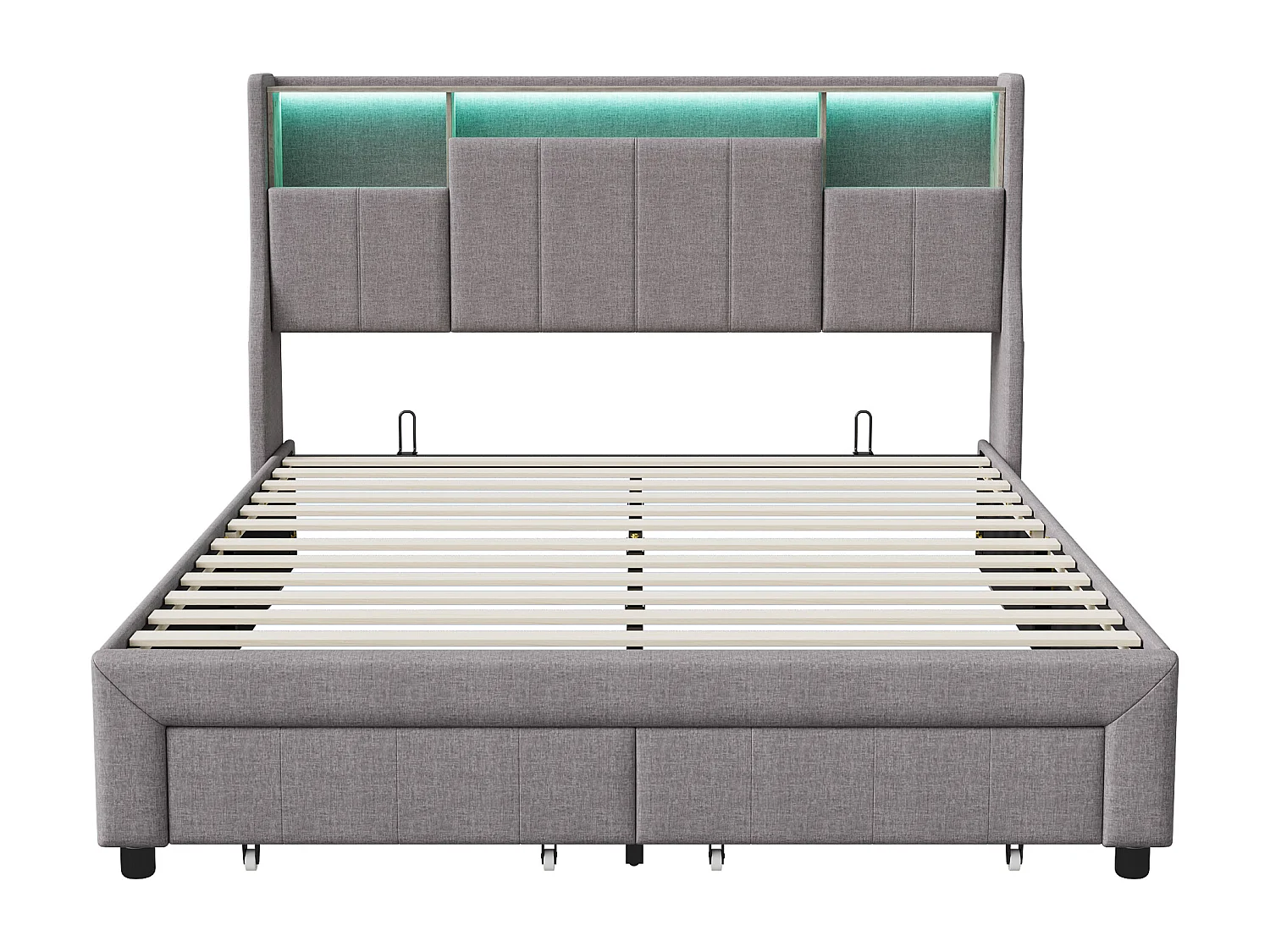 Lit double 160x200 cm avec sommier à lattes - NEXU - LED - USB - lit adulte 160x200 cm tissu en lin - cadre de lit tiroir 160x200 cm - gris