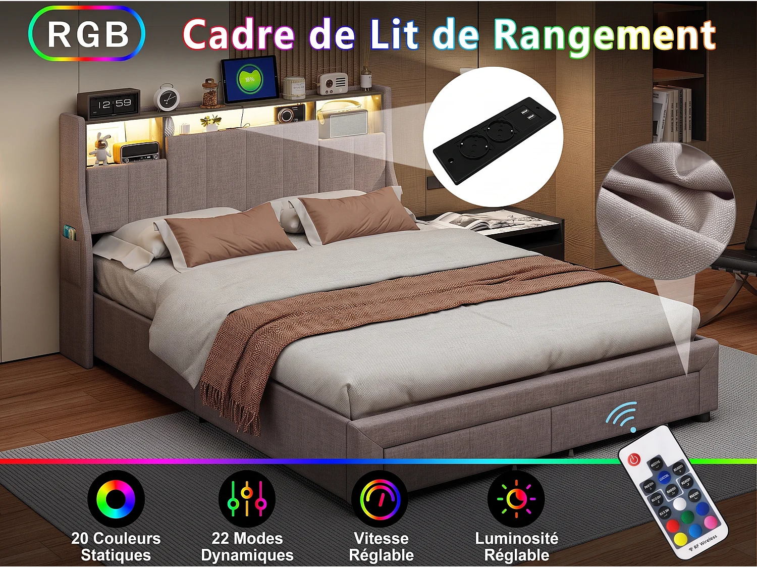 Lit double 160x200 cm avec sommier à lattes, LED et USB, tiroirs de rangement, tissu lin gris