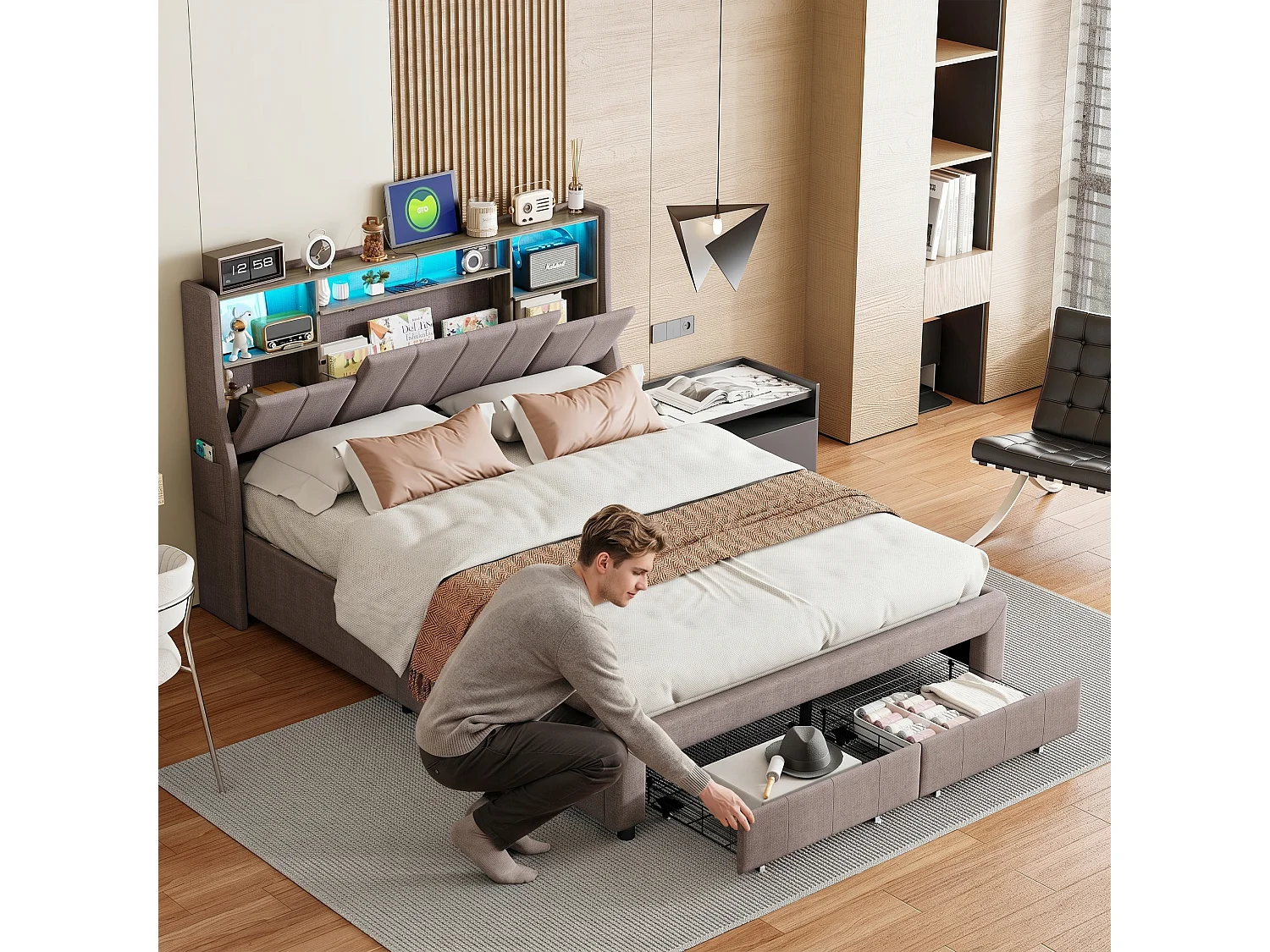 Lit double 160x200 cm avec sommier à lattes, LED et USB, tiroirs de rangement, tissu lin gris