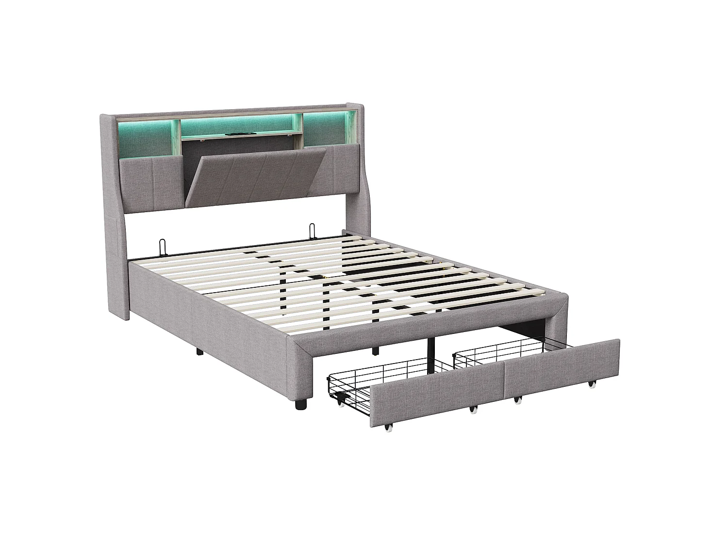 Lit double 160x200 cm avec sommier à lattes, LED et USB, tiroirs de rangement, tissu lin gris