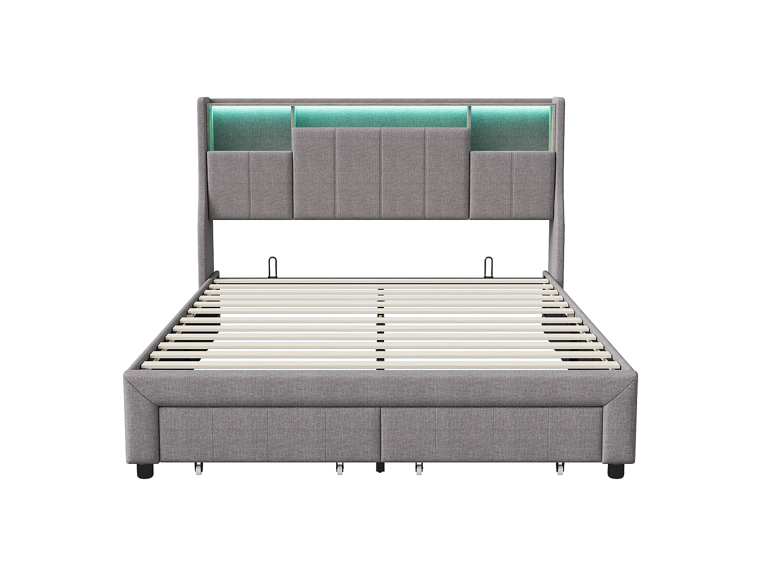 Lit double 160x200 cm avec sommier à lattes, LED et USB, tiroirs de rangement, tissu lin gris
