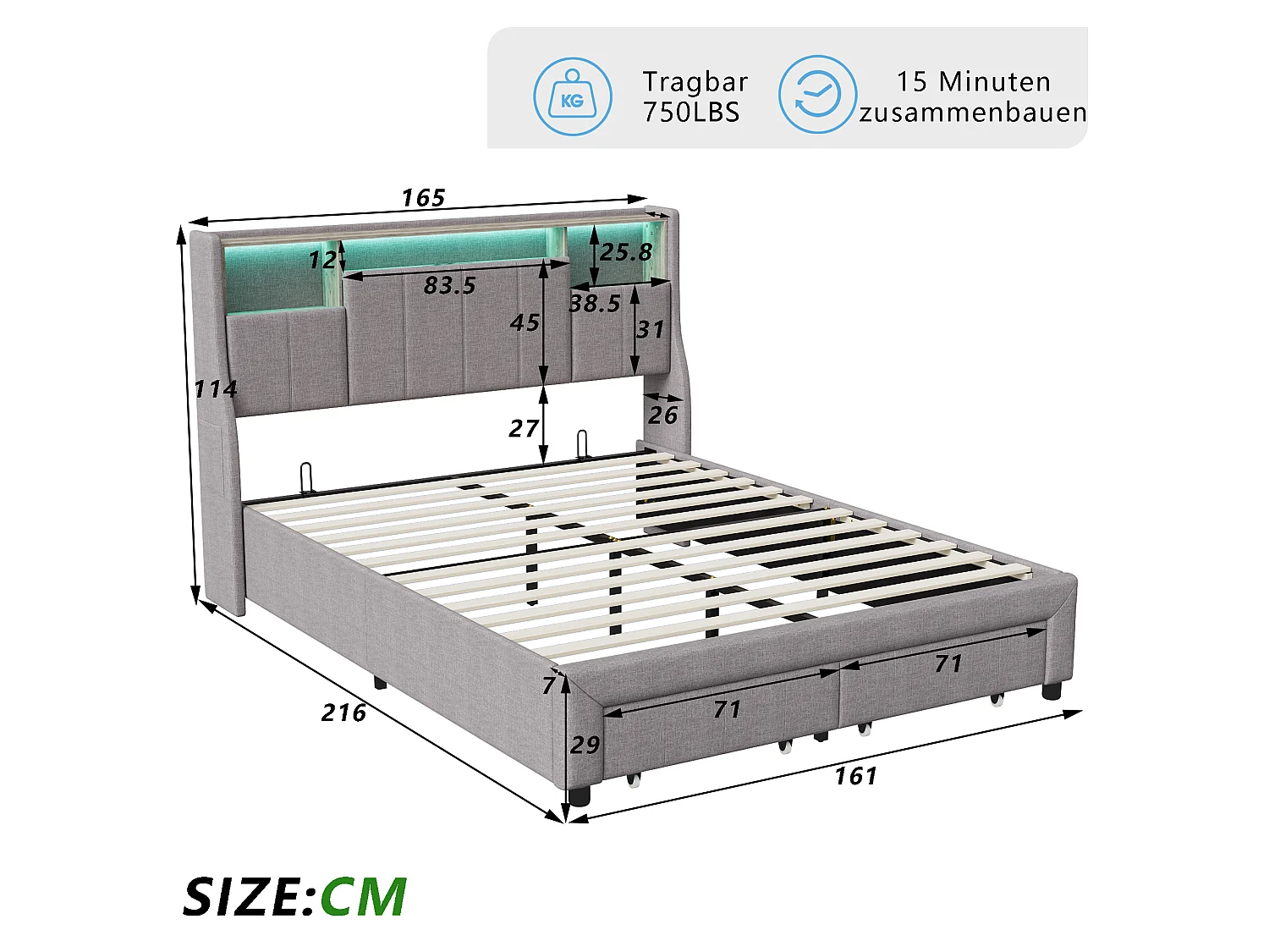 Lit double 160x200 cm avec sommier à lattes, LED et USB, tiroirs de rangement, tissu lin gris