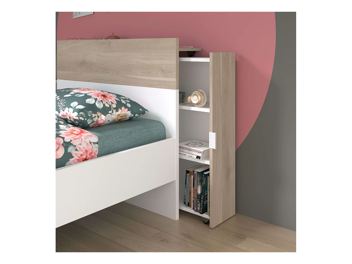 Cama Juvenil Essence Cabecero Roble Japonés y Blanco Mate 90x200 cm