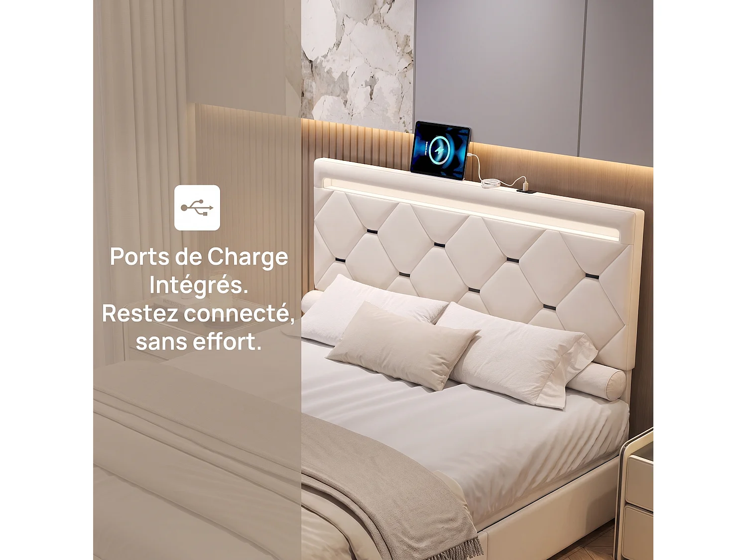 Lit 160 x 200 cm - NEXU - Lit adulte avec sommier à lattes, LED et port USB - tiroirs de rangement - tissu velours blanc cassé