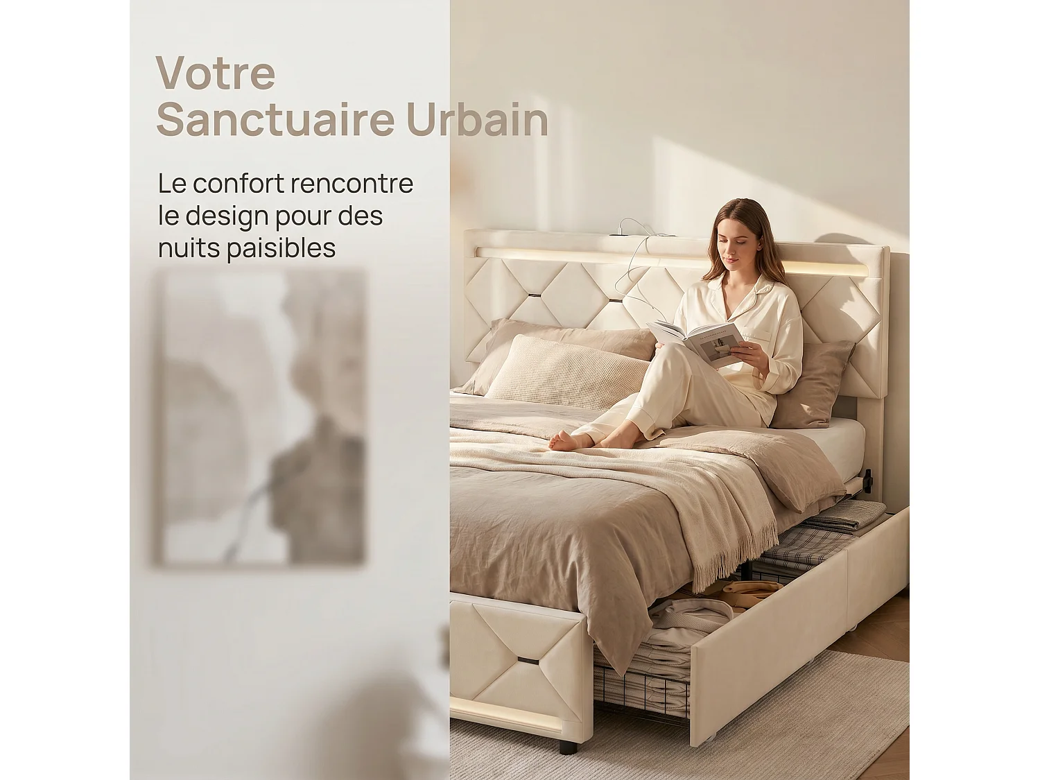 Lit 160 x 200 cm - NEXU - Lit adulte avec sommier à lattes, LED et port USB - tiroirs de rangement - tissu velours blanc cassé