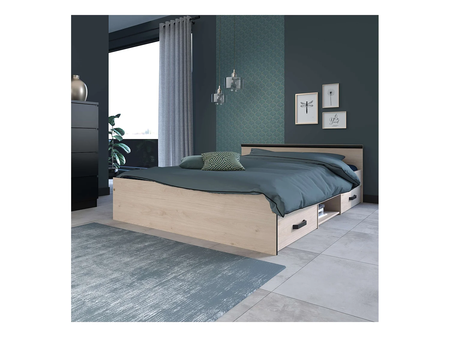 Cama Solstice dorm 2 cajones color roble Jackson negro 146x59x193 cm