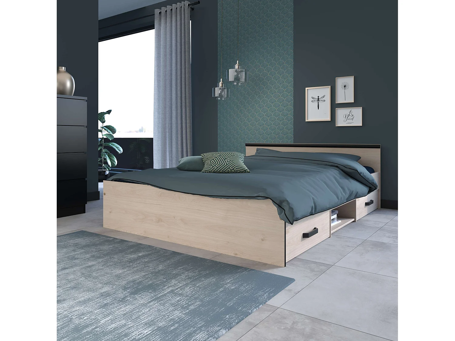 Cama Solstice dorm 2 cajones color roble Jackson negro 146x59x193 cm