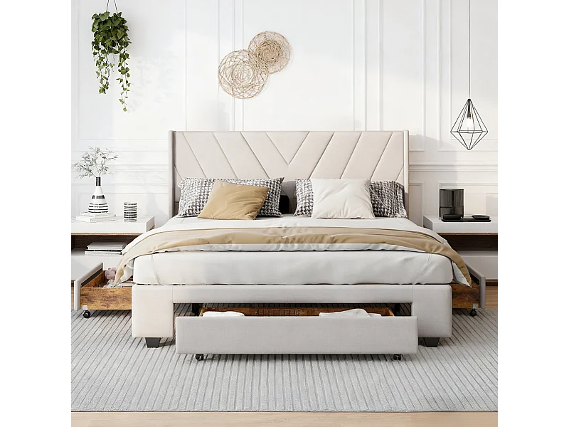 Lit 160x200 cm - NEXU - lit capitonné 160x200 cm tissu en lin - cadre lit tiroir 160x200 cm - lit adulte 160x200 cm avec sommier à lattes - beige