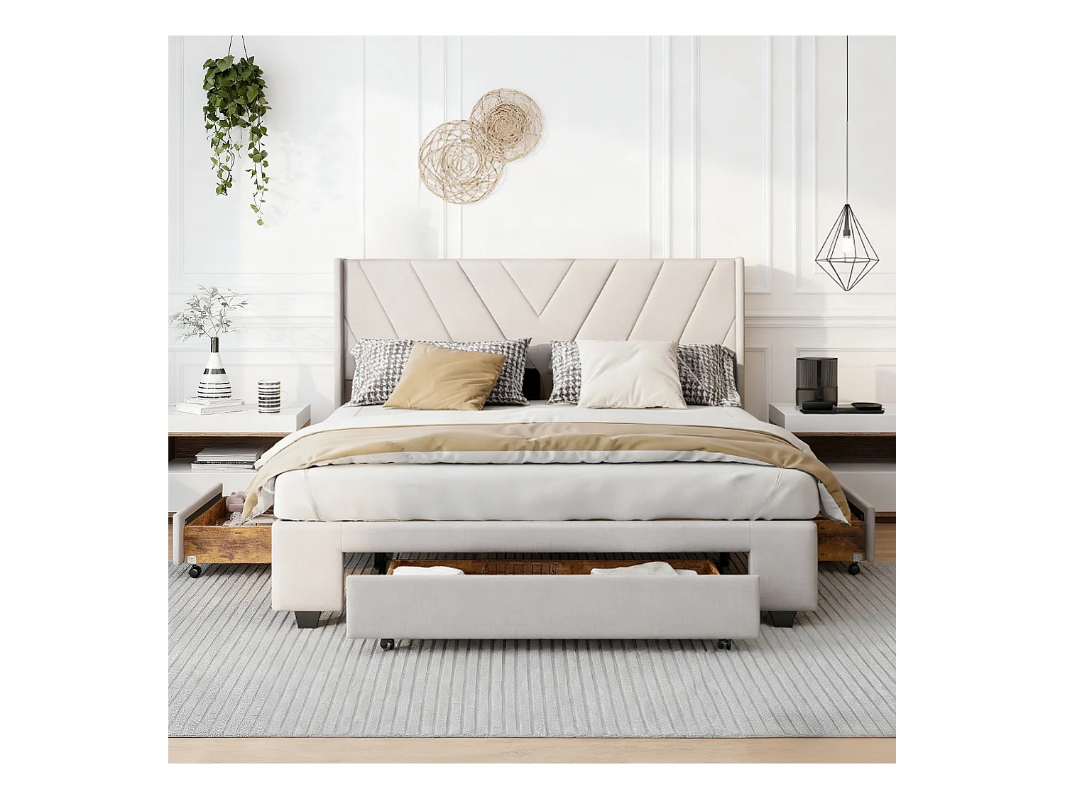 Lit 160x200 cm - NEXU - lit capitonné 160x200 cm tissu en lin - cadre lit tiroir 160x200 cm - lit adulte 160x200 cm avec sommier à lattes - beige