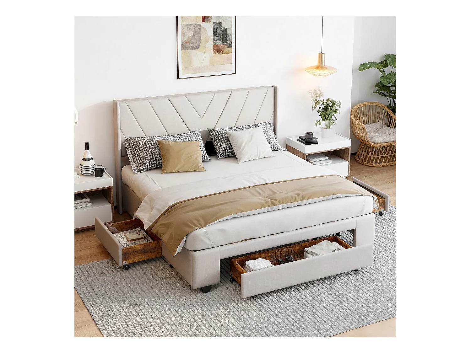 Lit 160x200 cm - NEXU - lit capitonné 160x200 cm tissu en lin - cadre lit tiroir 160x200 cm - lit adulte 160x200 cm avec sommier à lattes - beige