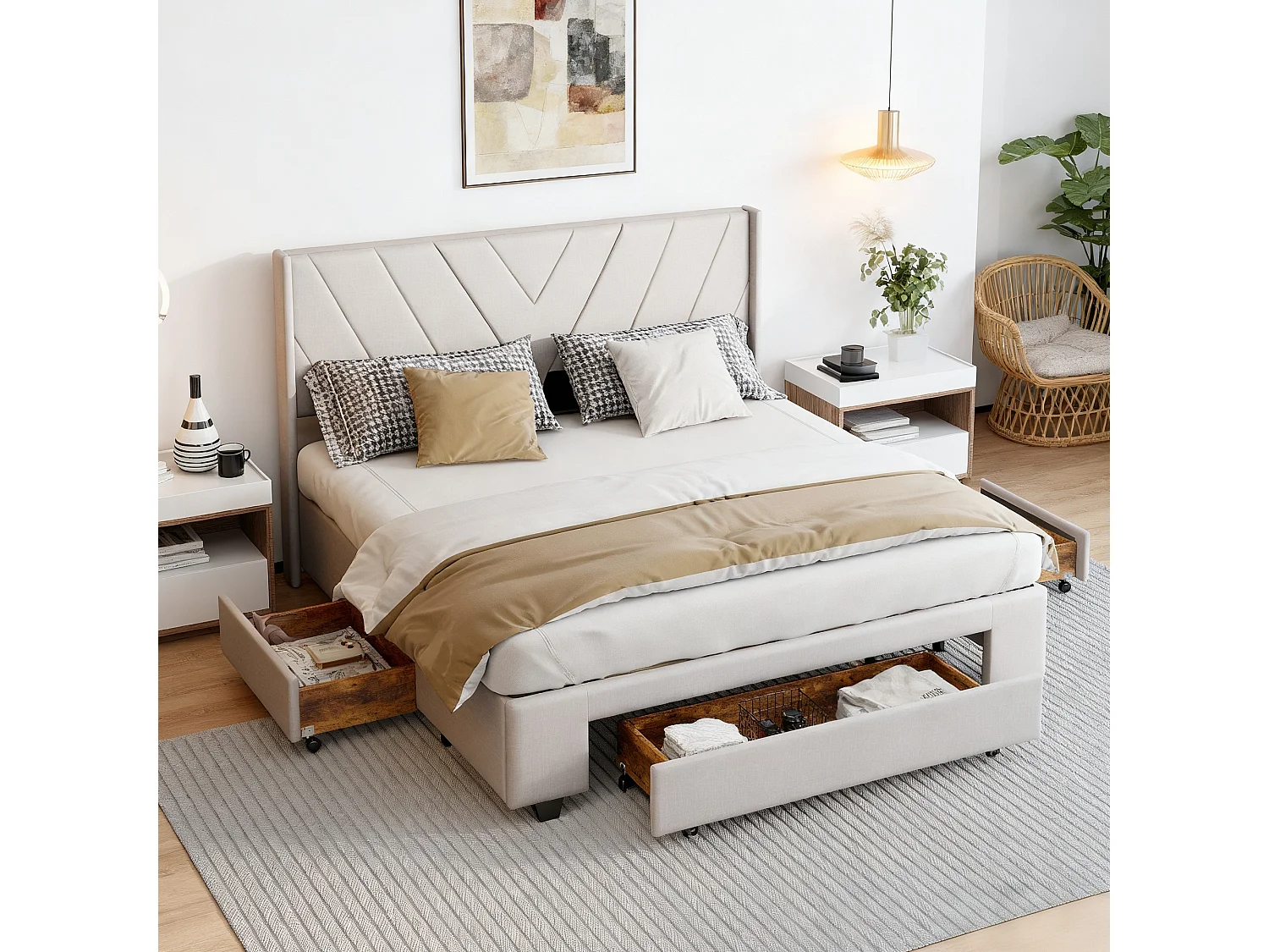 Lit 160x200 cm - NEXU - lit capitonné 160x200 cm tissu en lin - cadre lit tiroir 160x200 cm - lit adulte 160x200 cm avec sommier à lattes - beige