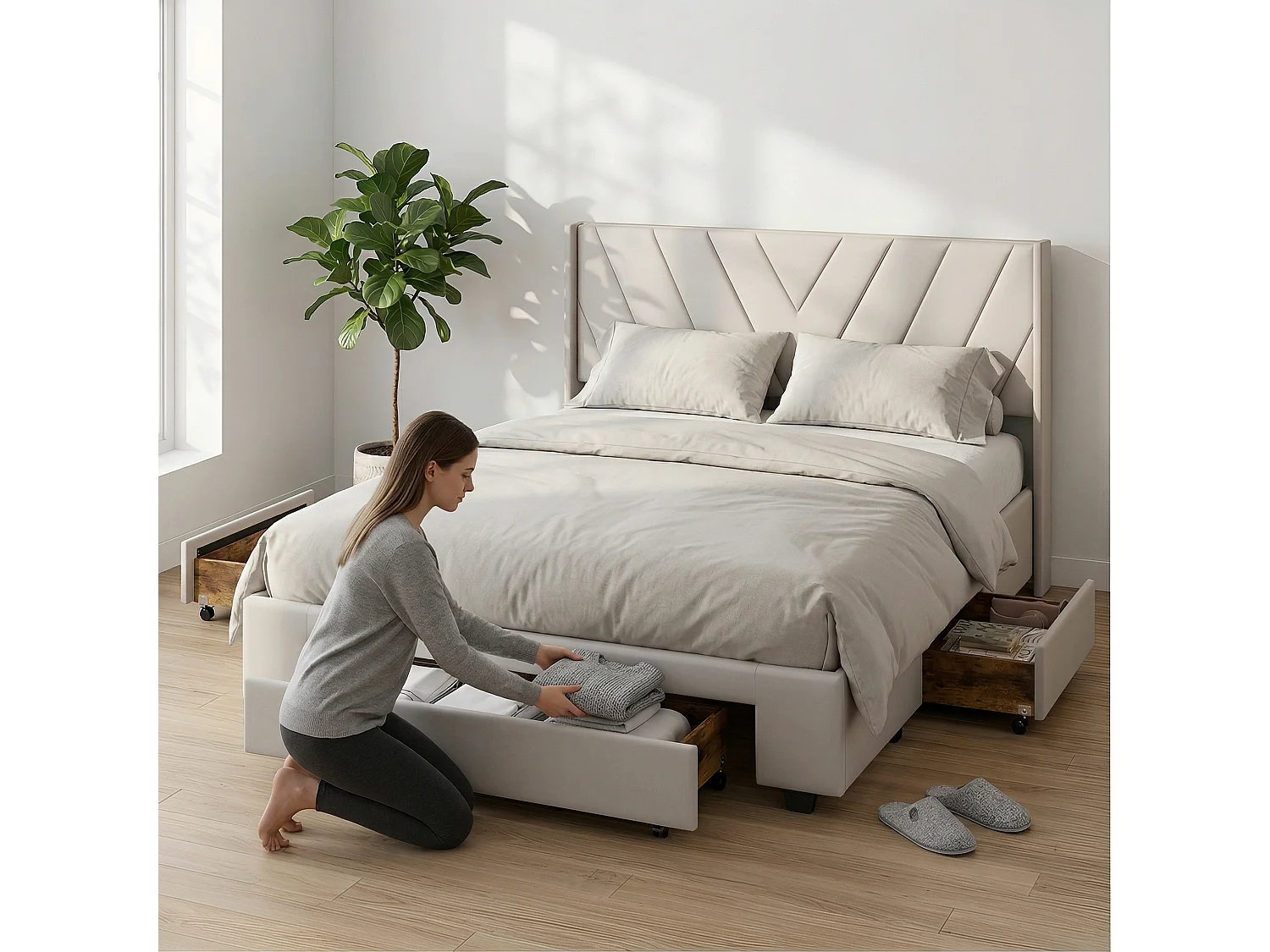 Lit capitonné 160 x 200 cm - NEXU - Lit adulte avec sommier à lattes et tiroirs de rangement - tissu en lin beige