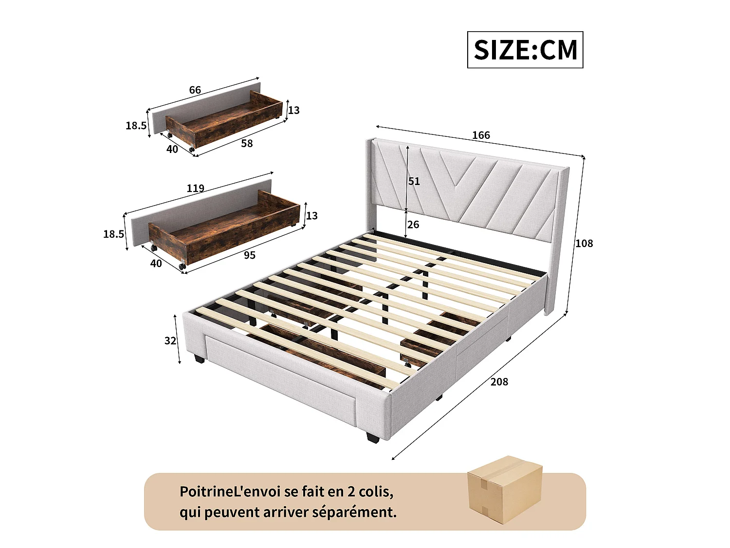 Lit capitonné 160 x 200 cm - NEXU - Lit adulte avec sommier à lattes et tiroirs de rangement - tissu en lin beige