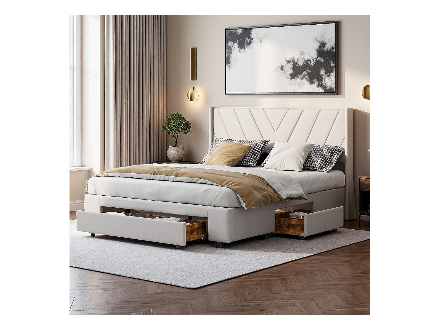 Lit 140x200 cm avec sommier à lattes - lit adulte 140x200 cm avec 3 tiroir - cadre de lit double 140x200 cm - tissu en lin - beige