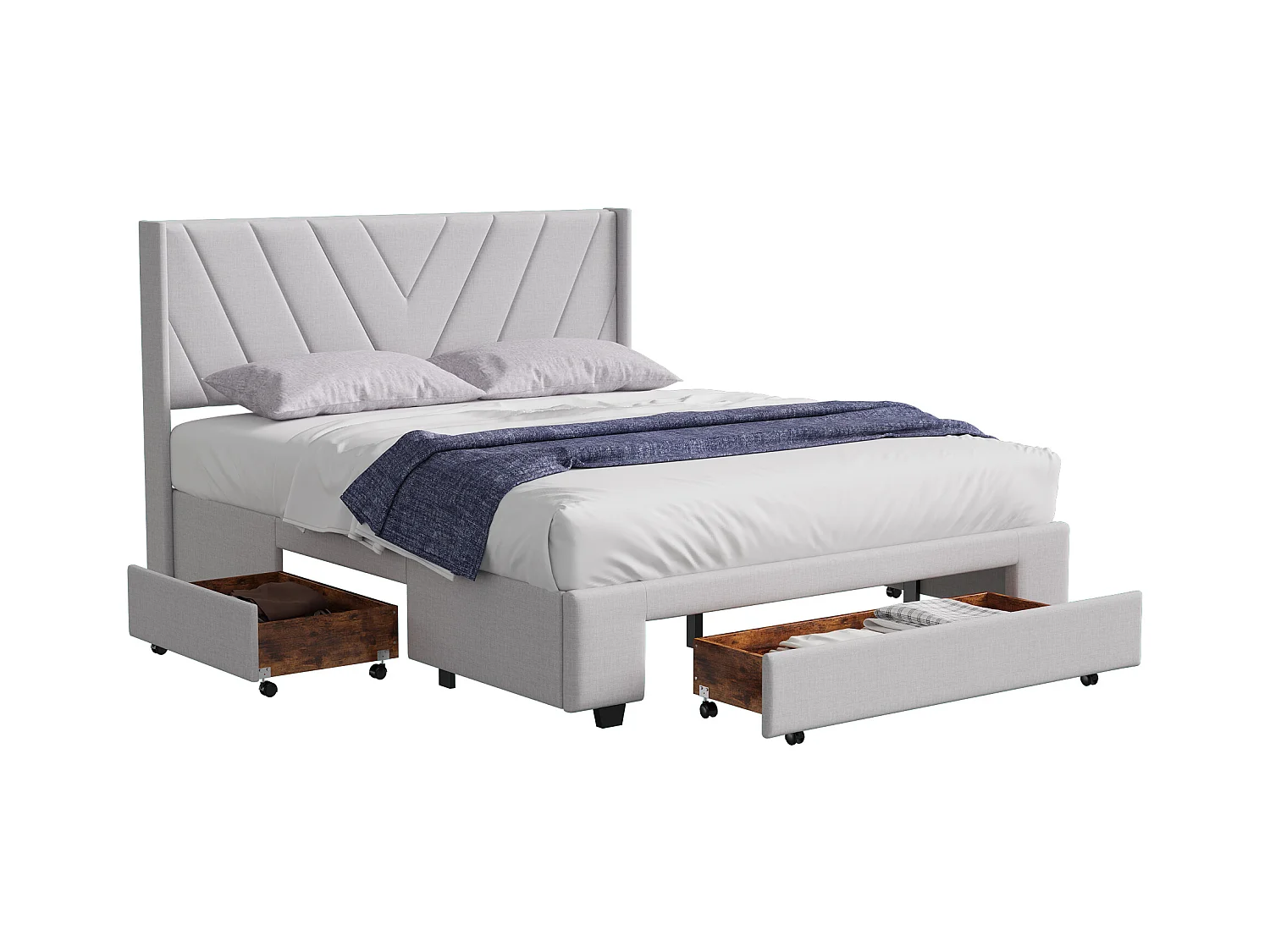 Lit 140x200 cm avec sommier à lattes - lit adulte 140x200 cm avec 3 tiroir - cadre de lit double 140x200 cm - tissu en lin - beige