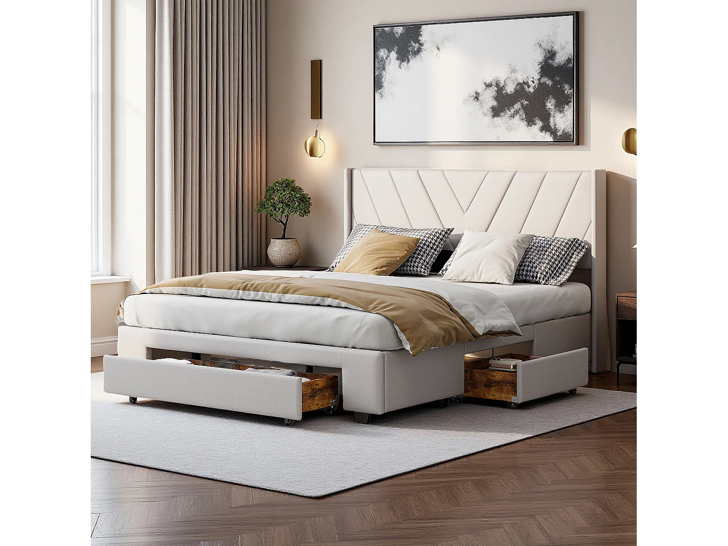 Lit 140x200 cm avec sommier à lattes - lit adulte 140x200 cm avec 3 tiroir - cadre de lit double 140x200 cm - tissu en lin - beige