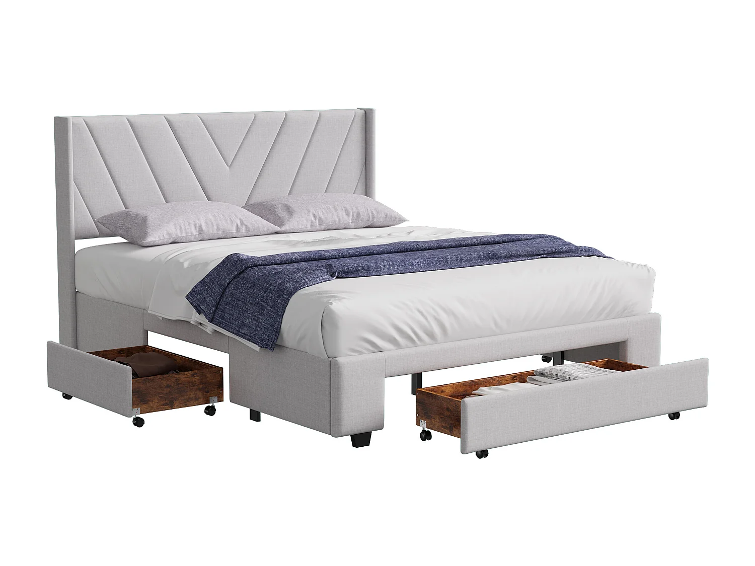 Lit 140x200 cm avec sommier à lattes - lit adulte 140x200 cm avec 3 tiroir - cadre de lit double 140x200 cm - tissu en lin - beige