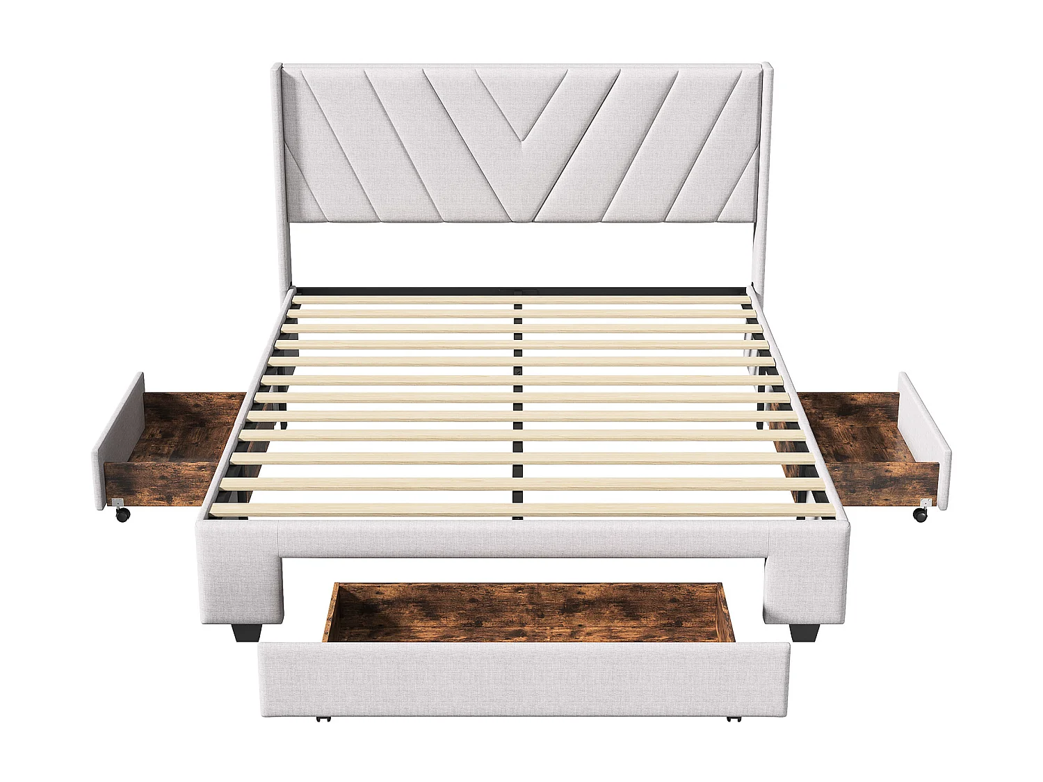 Lit 140x200 cm avec sommier à lattes - lit adulte 140x200 cm avec 3 tiroir - cadre de lit double 140x200 cm - tissu en lin - beige