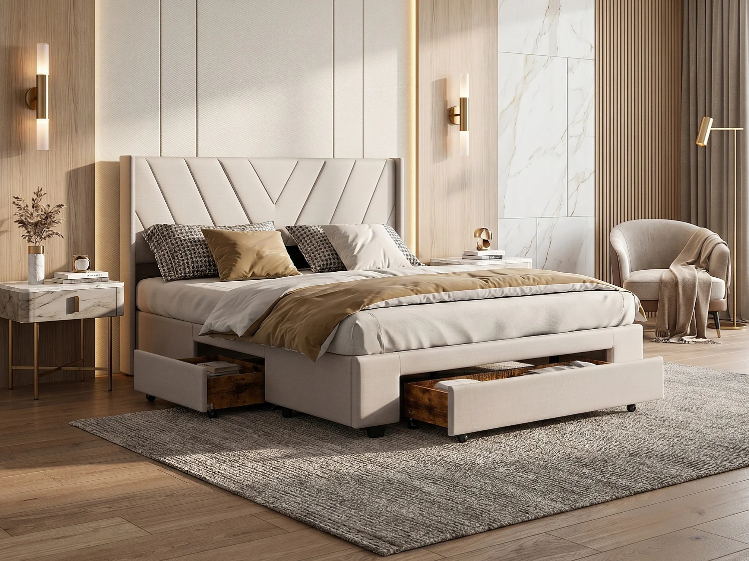 Lit double 140x200 cm avec 3 tiroirs, sommier à lattes, cadre de lit adulte en tissu lin beige