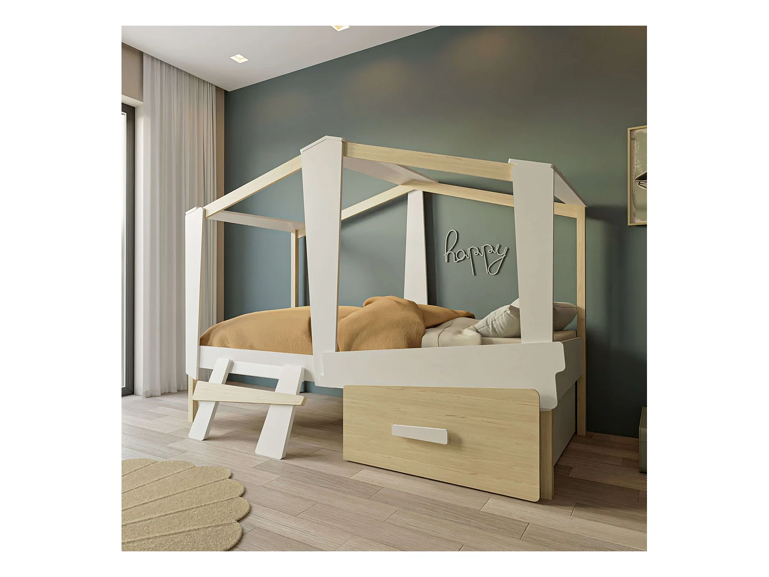 Cama Infantil Cabane Roble y Blanco Mate 90x200 cm