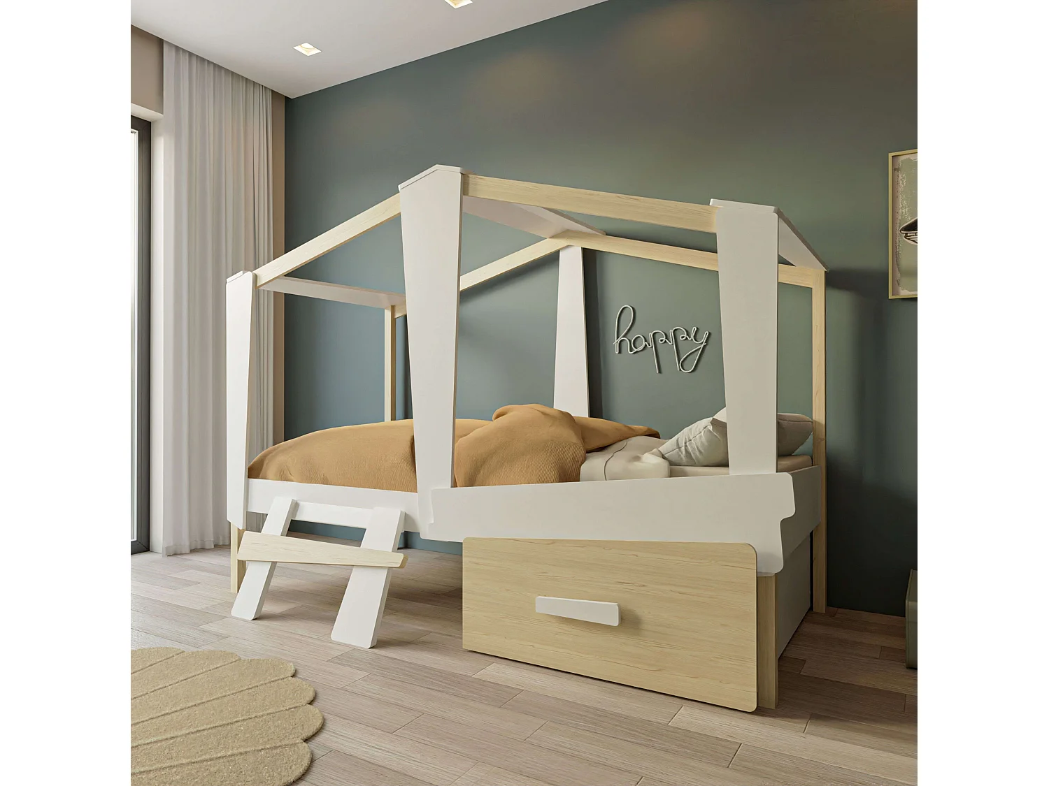 Cama Infantil Cabane Roble y Blanco Mate 90x200 cm