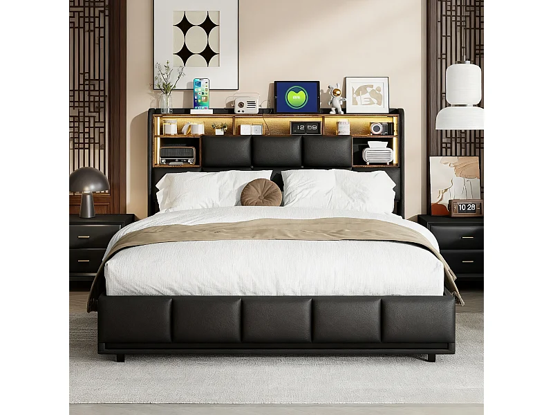 Lit double 140x200 cm avec LED et USB - NEXU - lit capitonné 140x200 cm tissu en PU - cadre lit adulte 140x200 cm coffre rangement soldes - noir