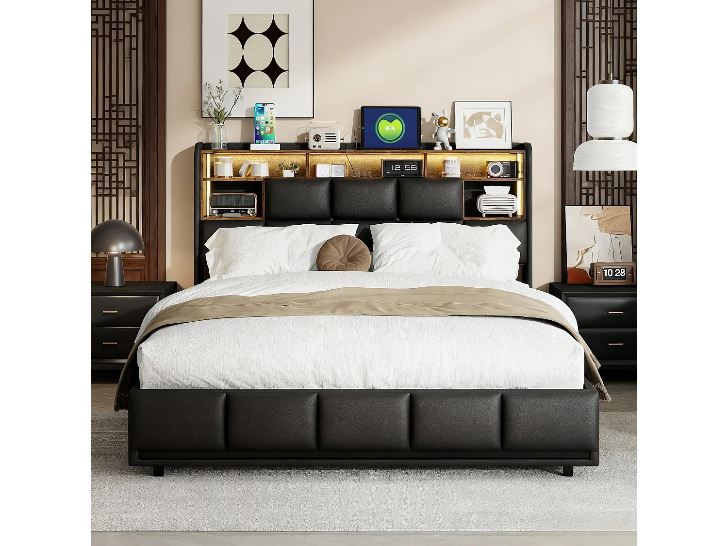 Lit double 140x200 cm avec LED et USB - NEXU - lit capitonné 140x200 cm tissu en PU - cadre lit adulte 140x200 cm coffre rangement soldes - noir