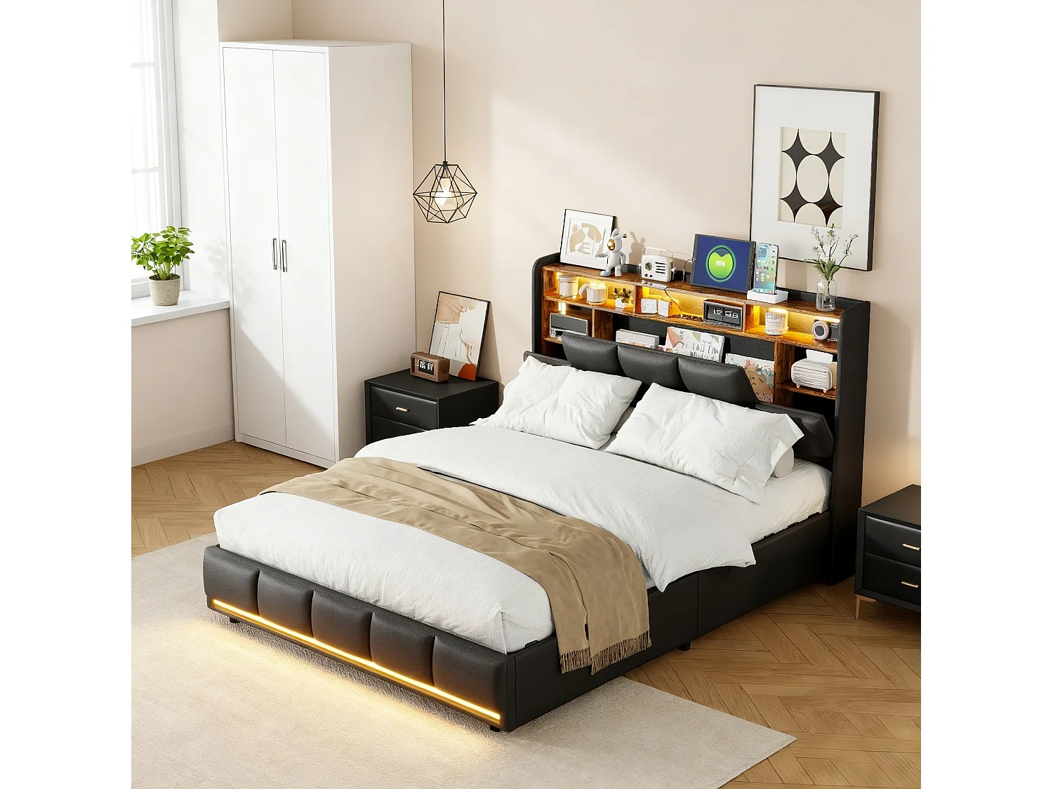 Lit double 140x200 cm avec LED et USB - NEXU - lit capitonné 140x200 cm tissu en PU - cadre lit adulte 140x200 cm coffre rangement soldes - noir