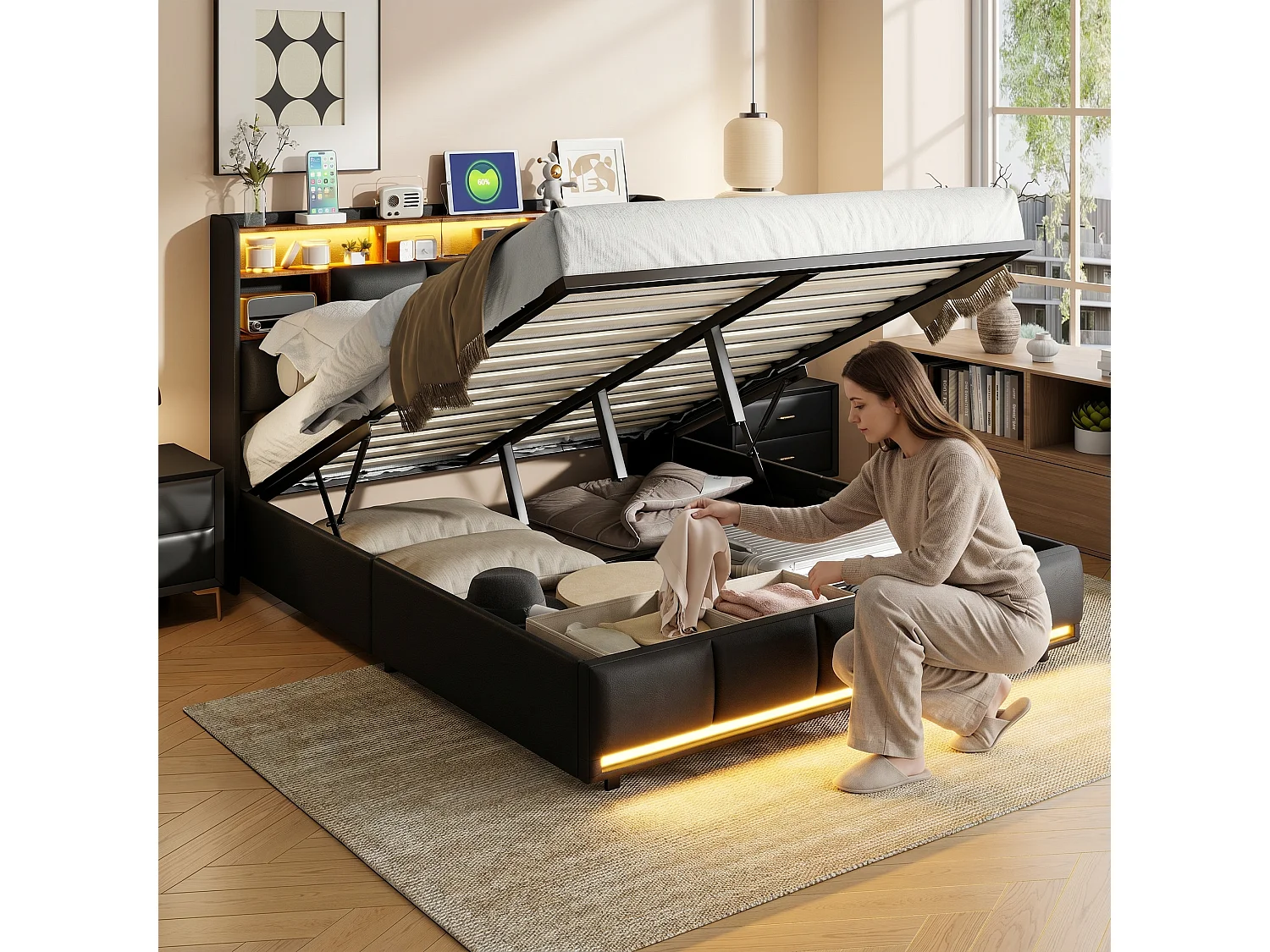 Lit coffre 140x200 cm avec sommier à lattes, lit double adulte capitonné en PU noir avec LED et USB, rangement intégré, sans matelas