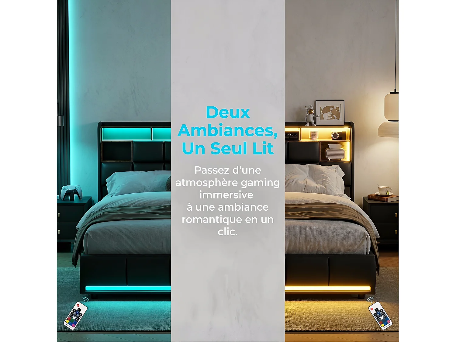 Lit coffre 140x200 cm avec sommier à lattes, lit double adulte capitonné en PU noir avec LED et USB, rangement intégré, sans matelas