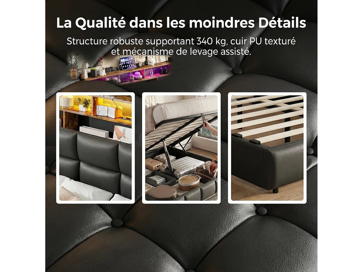 Lit coffre 140x200 cm avec sommier à lattes, lit double adulte capitonné en PU noir avec LED et USB, rangement intégré, sans matelas