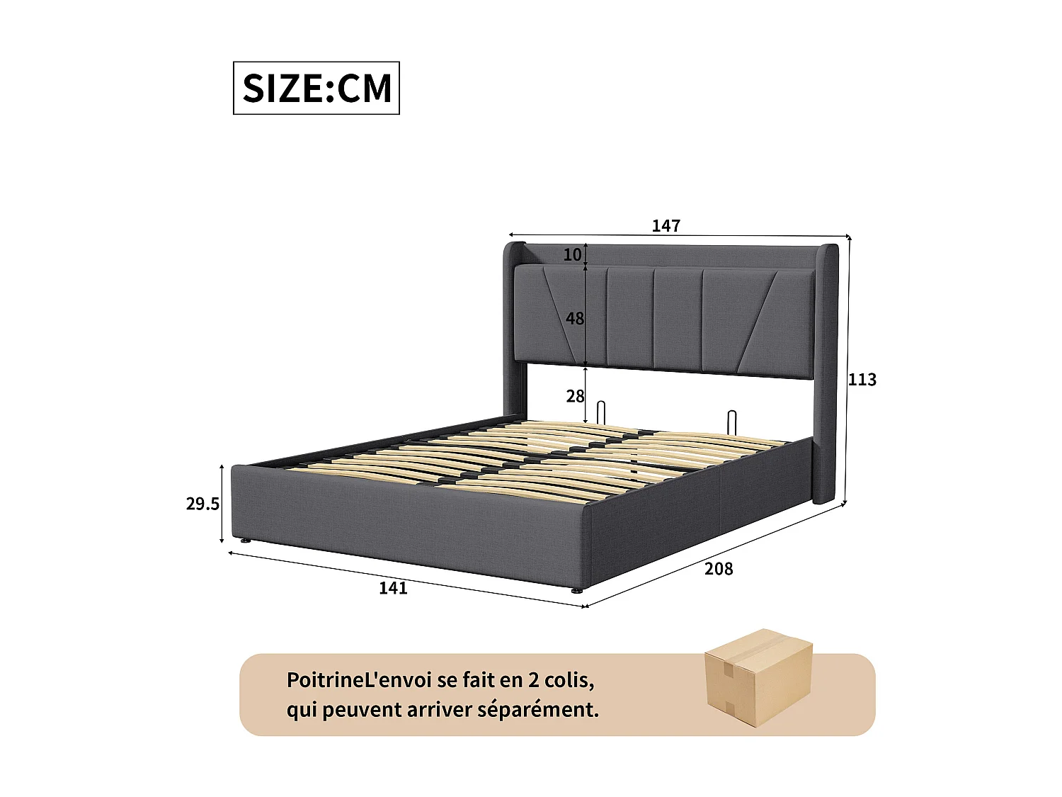 Lit 140x200 cm - NEXU - USB - cadre de lit coffre  Rangement Hydraulique - lit adutle 140x200 cm avec sommier à lattes  - lit 140x200 cm tissu en lin - gris