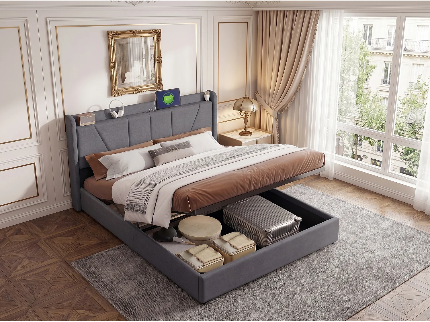 Lit 140x200 cm NEXU, lit coffre adulte en tissu lin gris avec rangement hydraulique, sommier à lattes et USB intégré