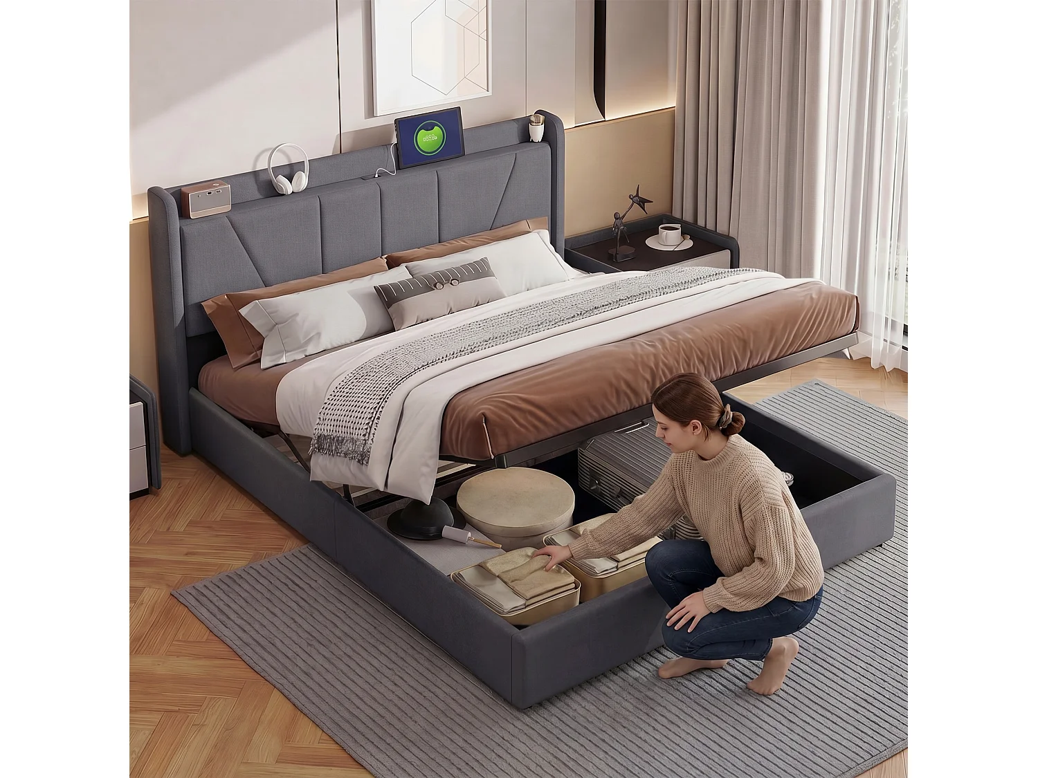 Lit 140x200 cm NEXU, lit coffre adulte en tissu lin gris avec rangement hydraulique, sommier à lattes et USB intégré
