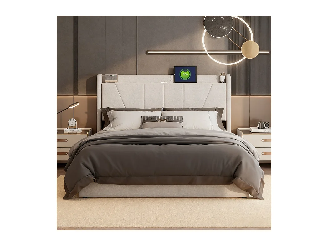 Lit 140x200 cm - NEXU - USB - cadre de lit coffre  Rangement Hydraulique - lit adutle 140x200 cm avec sommier à lattes - lit 140x200 cm tissu en lin - beige