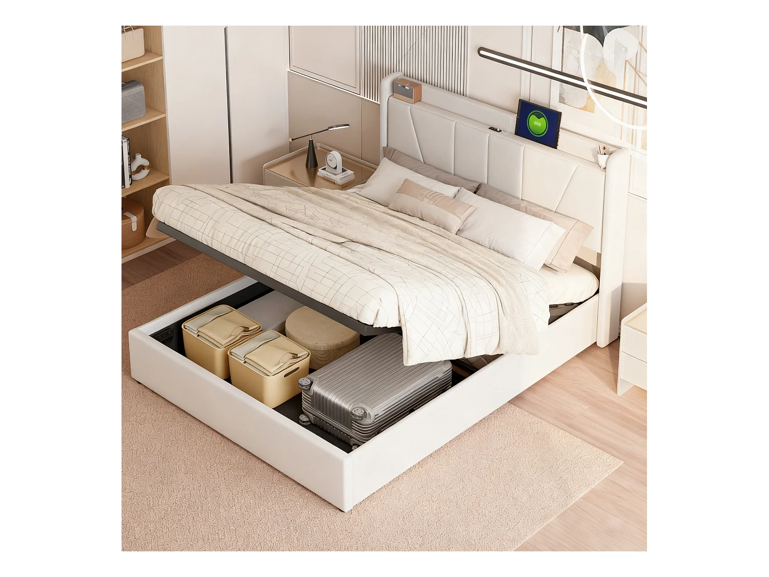 Lit 140x200 cm - NEXU - USB - cadre de lit coffre  Rangement Hydraulique - lit adutle 140x200 cm avec sommier à lattes - lit 140x200 cm tissu en lin - beige