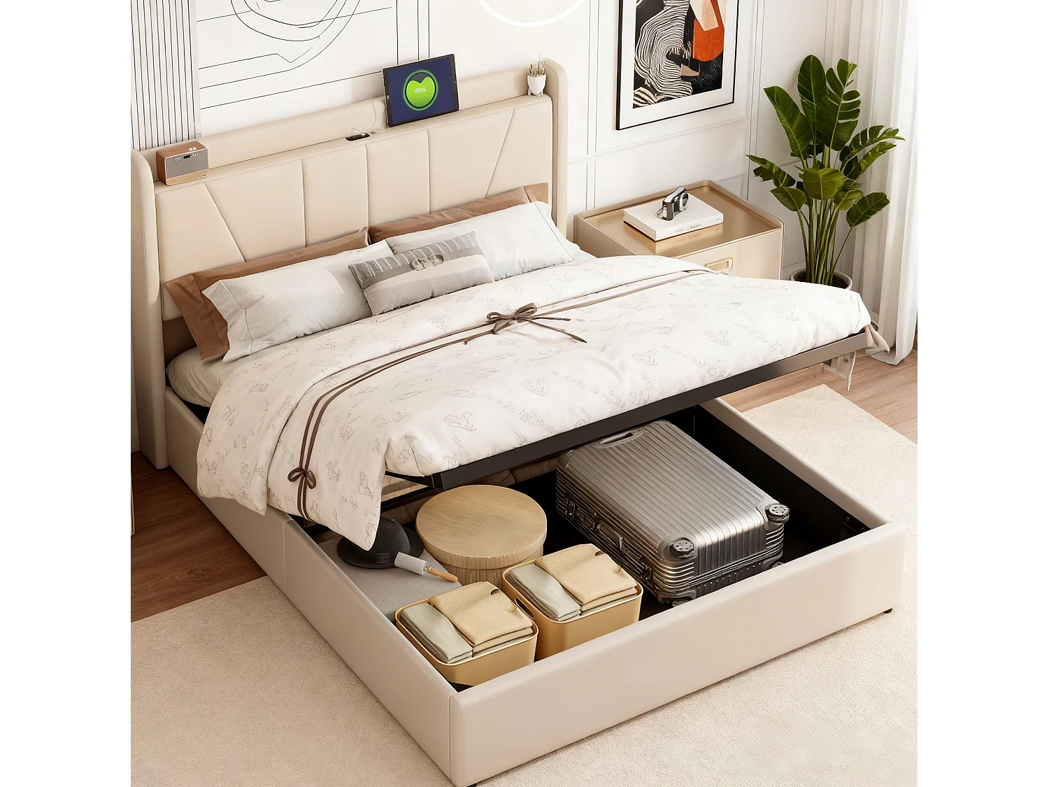 Lit 140x200 cm - NEXU - USB - cadre de lit coffre  Rangement Hydraulique - lit adutle 140x200 cm avec sommier à lattes - lit 140x200 cm tissu en lin - beige