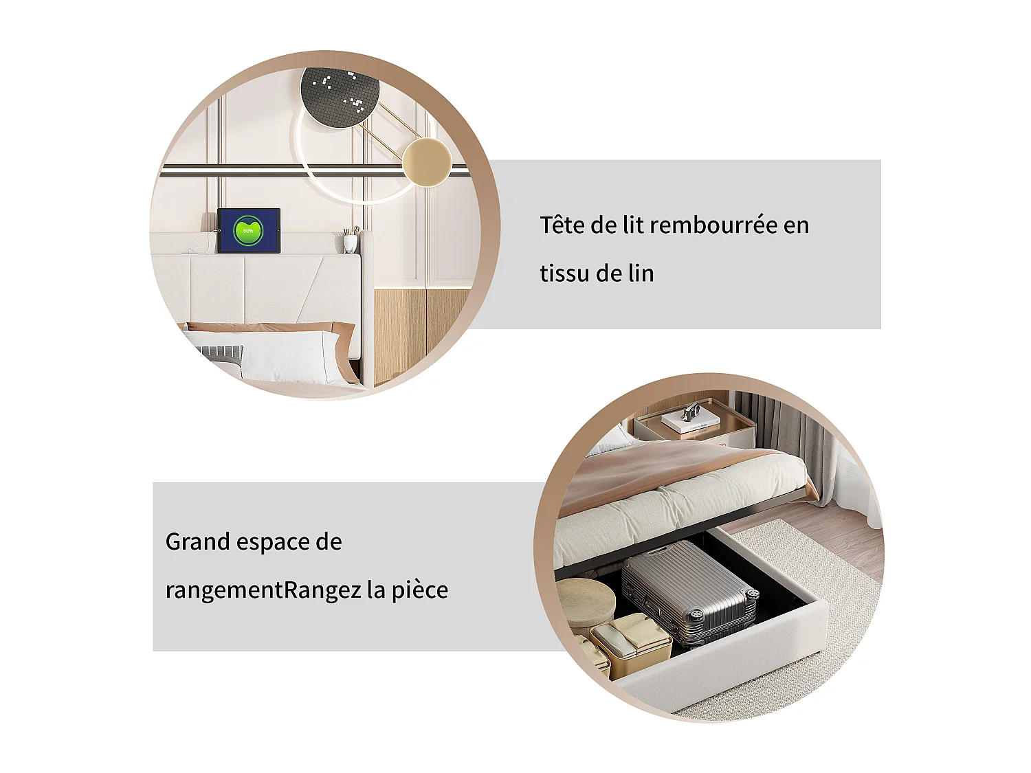 Lit coffre 140 x 200 cm en tissu bouclette beige, sommier relevable à vérins à gaz, 2 ports USB et 1 port Type-C