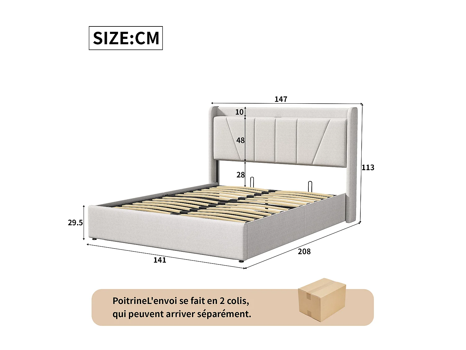 Lit coffre 140 x 200 cm en tissu bouclette beige, sommier relevable à vérins à gaz, 2 ports USB et 1 port Type-C