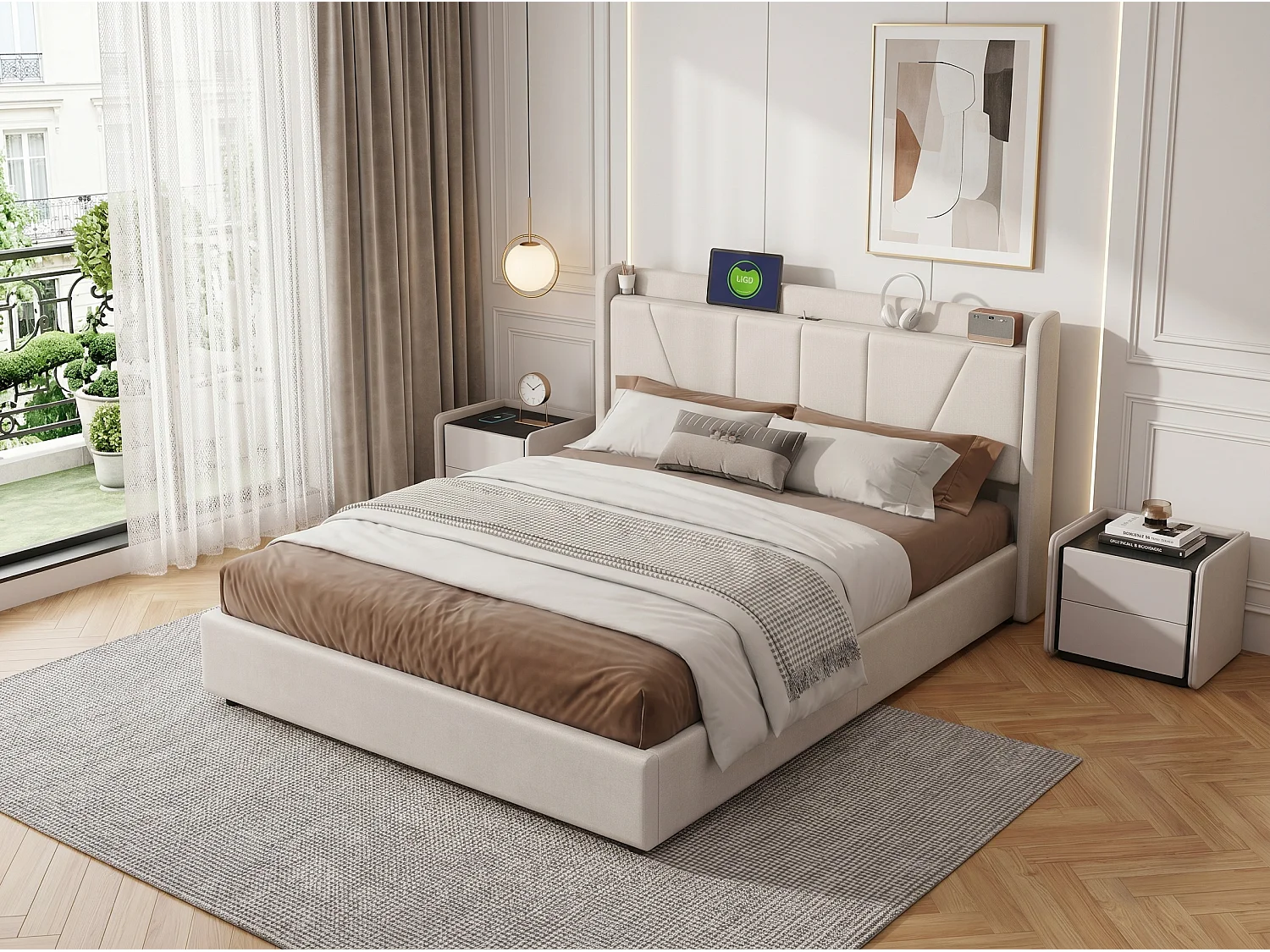 Lit coffre 140 x 200 cm en tissu bouclette beige, sommier relevable à vérins à gaz, 2 ports USB et 1 port Type-C