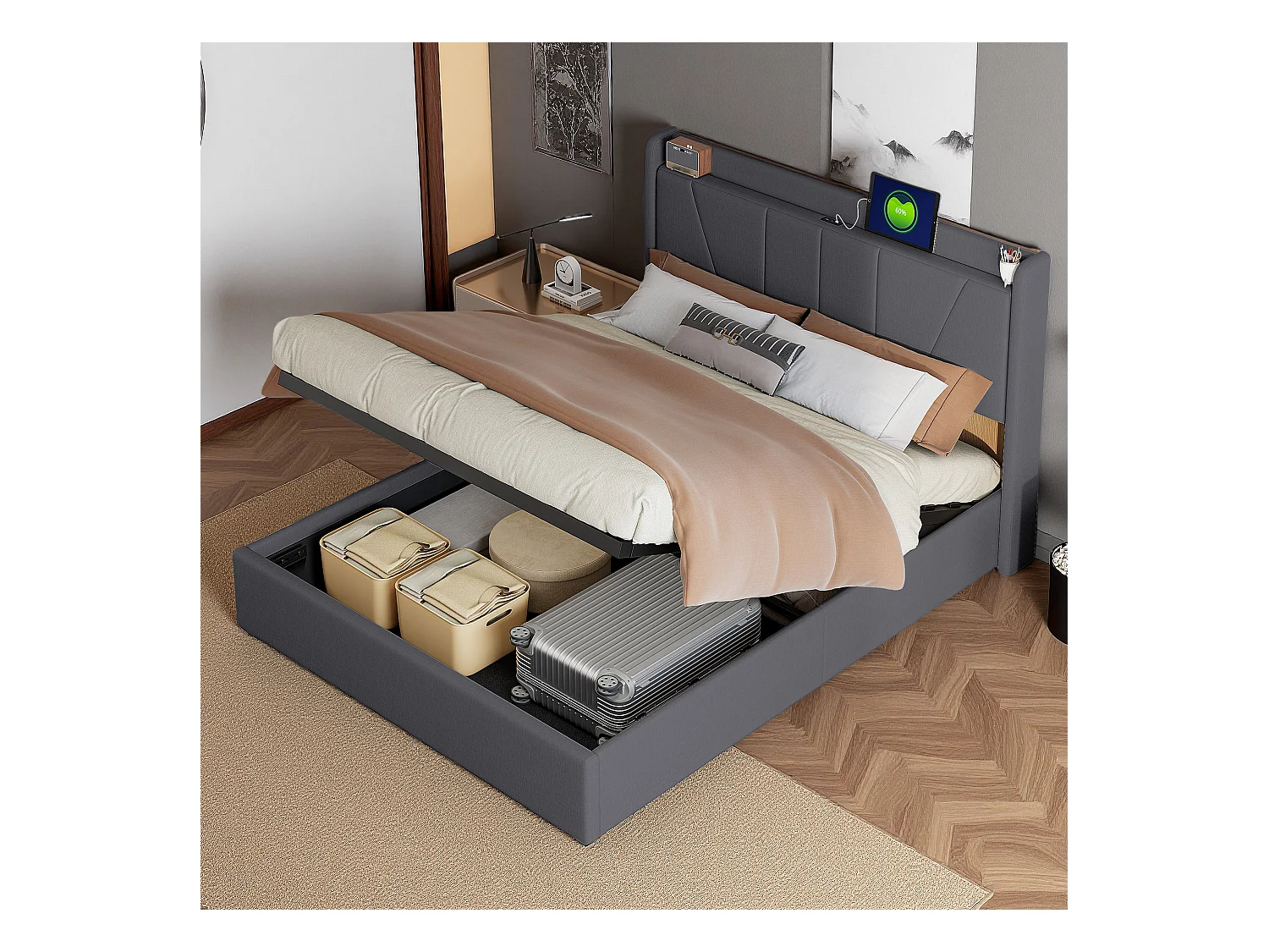 Lit 160x200 cm - NEXU - USB - cadre de lit coffre  Rangement Hydraulique - lit double 160x200 cm avec sommier à lattestissu en lin - gris