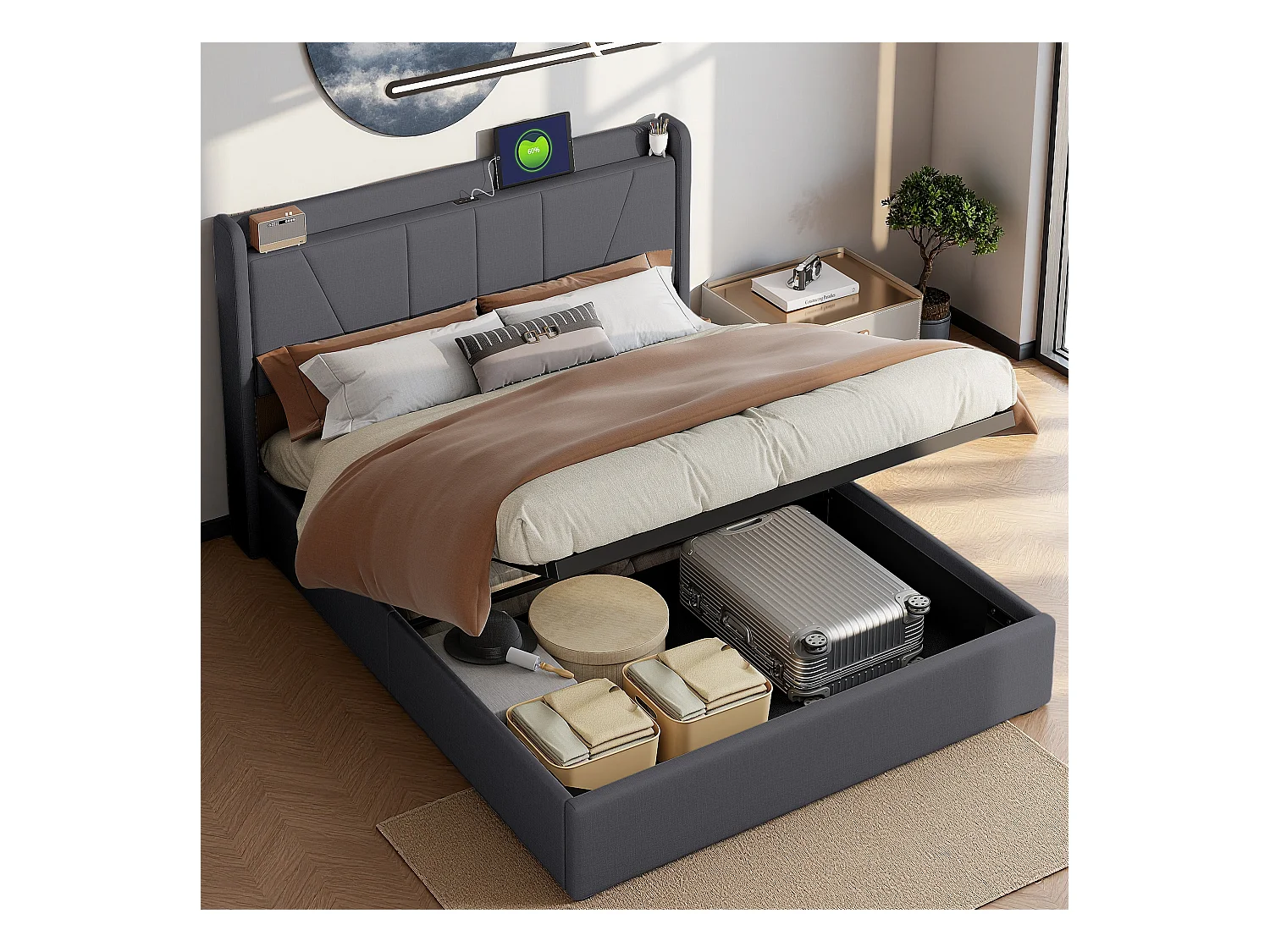 Lit 160x200 cm - NEXU - USB - cadre de lit coffre  Rangement Hydraulique - lit double 160x200 cm avec sommier à lattestissu en lin - gris