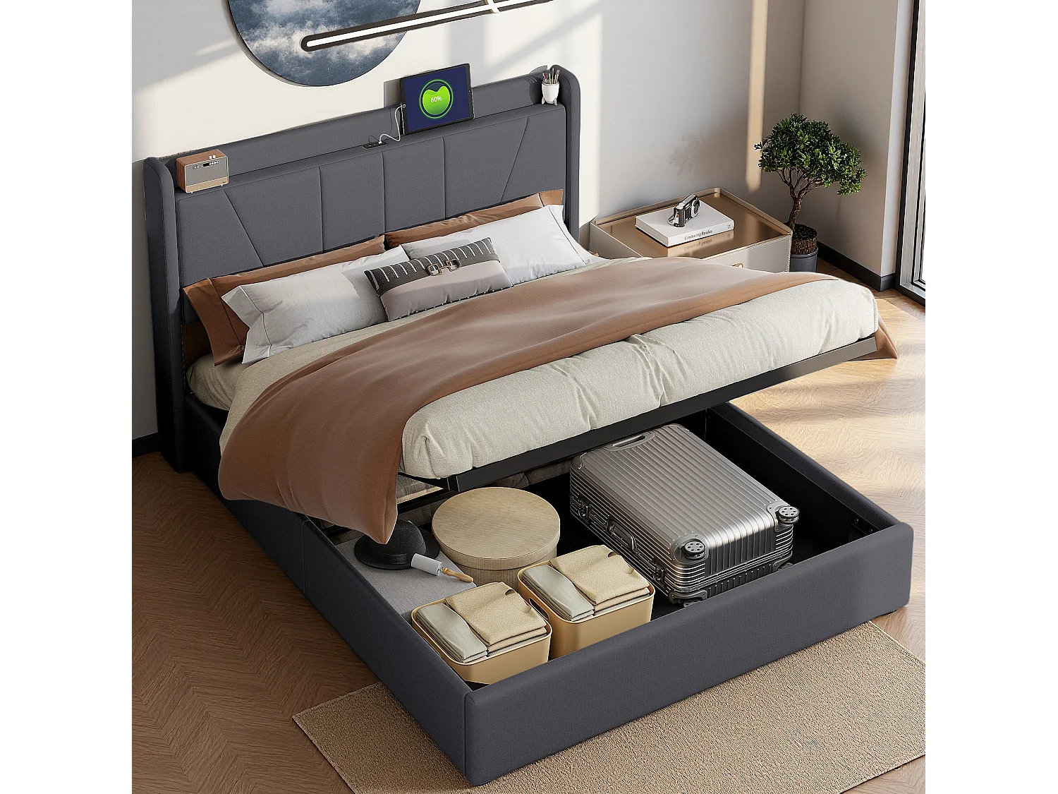 Lit coffre NEXU 160x200 cm en tissu lin gris - Lit double adulte avec rangement hydraulique, sommier à lattes et port USB intégré