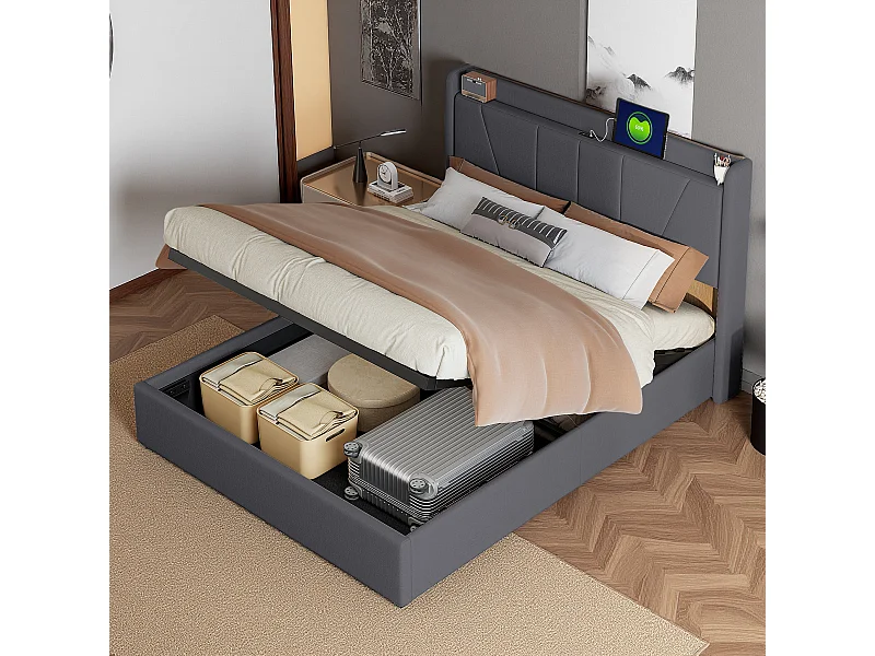 Lit 160x200 cm - NEXU - USB - cadre de lit coffre  Rangement Hydraulique - lit double 160x200 cm avec sommier à lattestissu en lin - gris